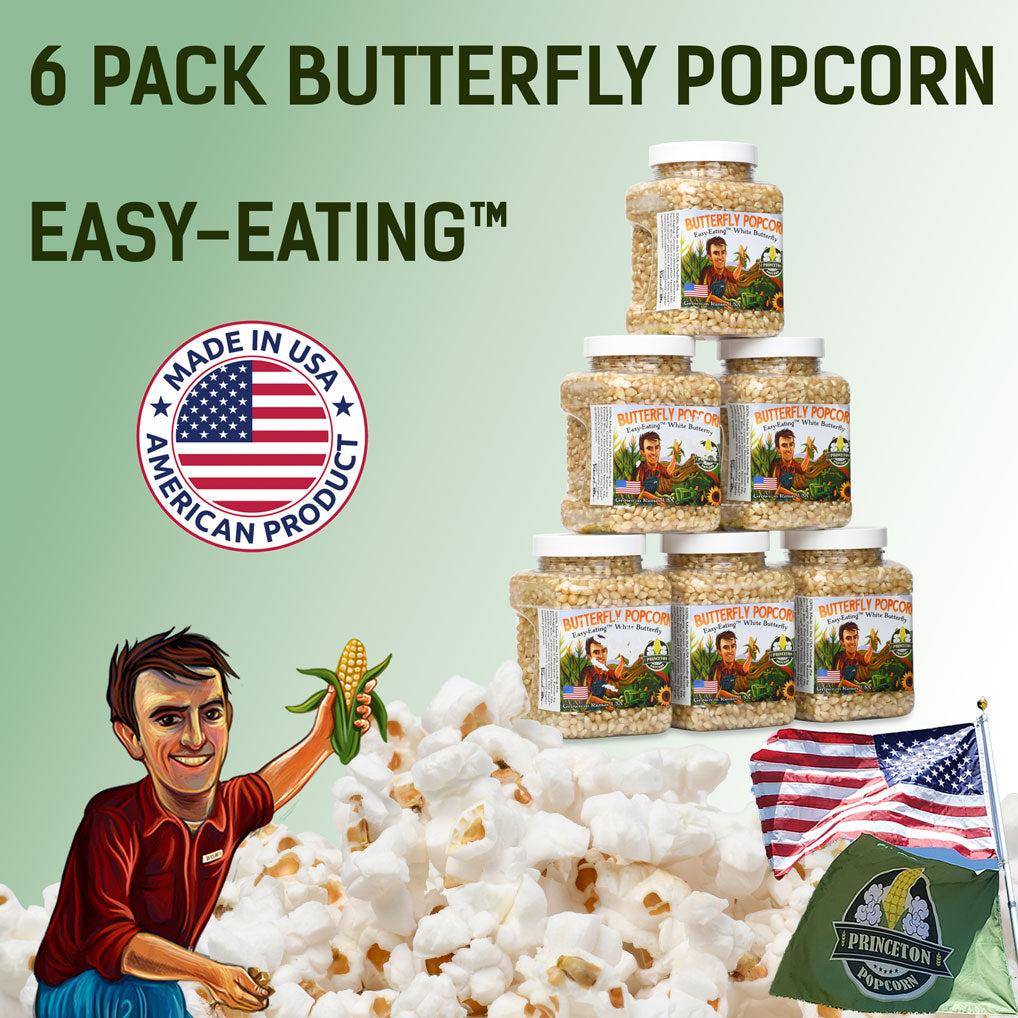 Six Pack of 1lb Tubs White Butterfly Popcorn Kernels by Princeton Popcorn Farm Grown Non-GMO Gluten Free UnPopped Butterfly Shaped Old Fashion Popcorn hulless Popping Corn for Microwave Air Popper & Stovetop 96 oz