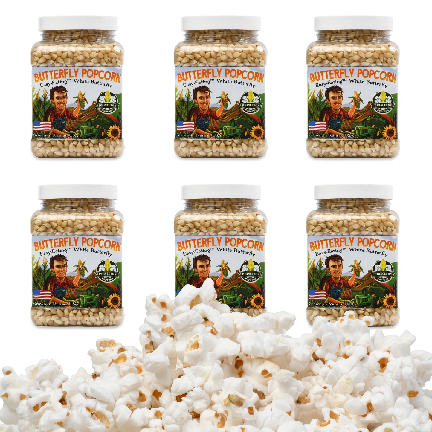Six Pack of 1lb Tubs White Butterfly Popcorn Kernels by Princeton Popcorn Farm Grown Non-GMO Gluten Free UnPopped Butterfly Shaped Old Fashion Popcorn hulless Popping Corn for Microwave Air Popper & Stovetop 96 oz