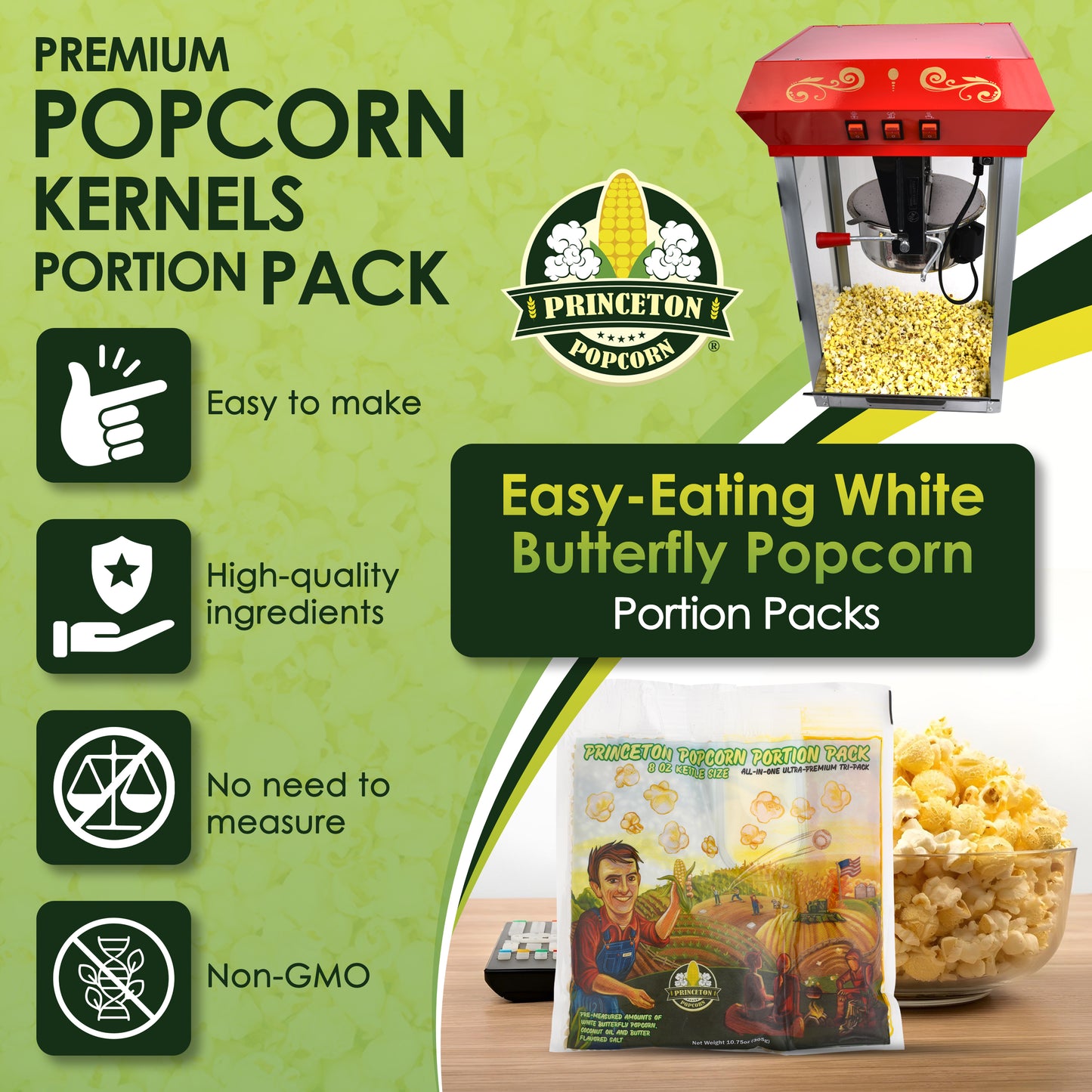 Farmer Direct Non-GMO Popcorn Machine Portion Packets with Coconut Oil and Salt for Popcorn Machine - Premium Popcorn Kernels Portion Pack from Princeton Popcorn
