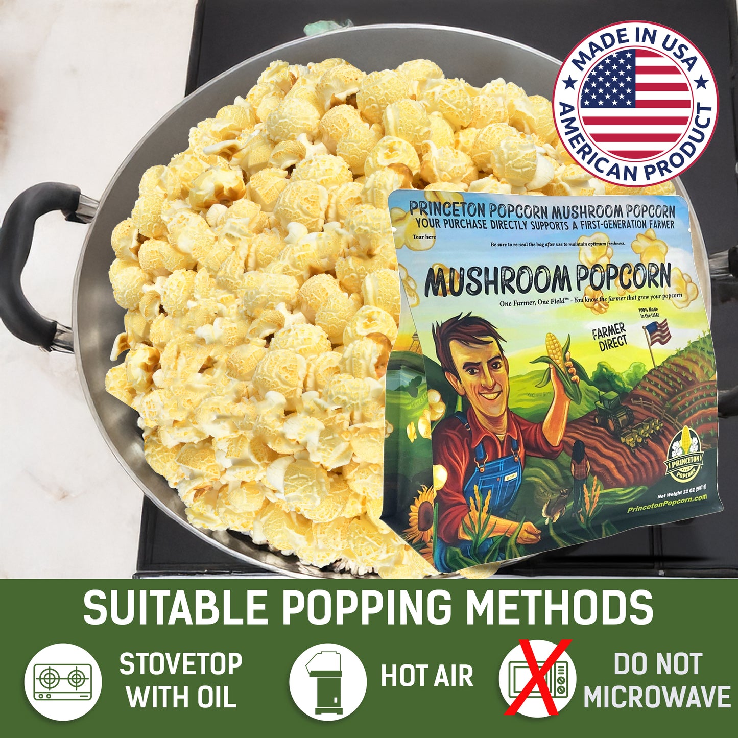 6lbs (Pack of 3 2lb) Mushroom Popcorn Kernels Princeton Popcorn Farmer Direct, Non-GMO, Gluten Free, Ball Shaped, Popcorn Pops Extra Large popcorn kernels, Stovetop Oil Pop