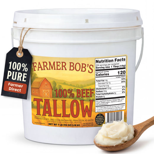 Farmer Bob's 100% Beef Tallow 7 lb bucket with nutrition label and a wooden spoon of creamy rendered tallow