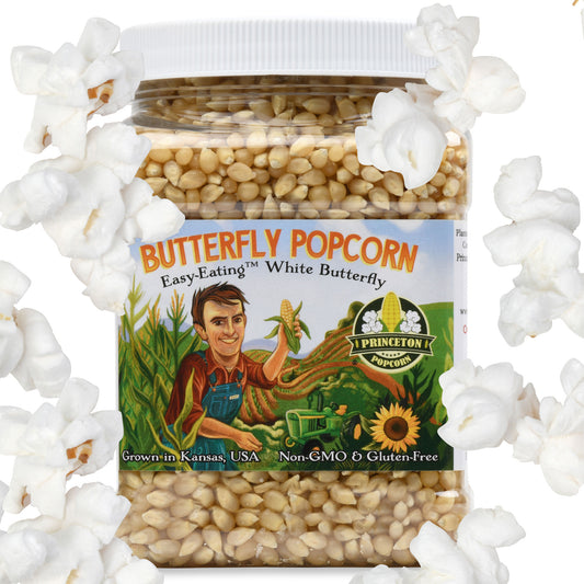 2lb Tub White Butterfly Hulless Popcorn Kernels - Easy-Eating, Baby Small Tender Popping Corn, Non-GMO Popcorn Kernels, No Hulls, No Roundup, Direct from Farmer, Microwave Air Popper or Stovetop Butterfly Shaped Unpopped Popcorn Kernels