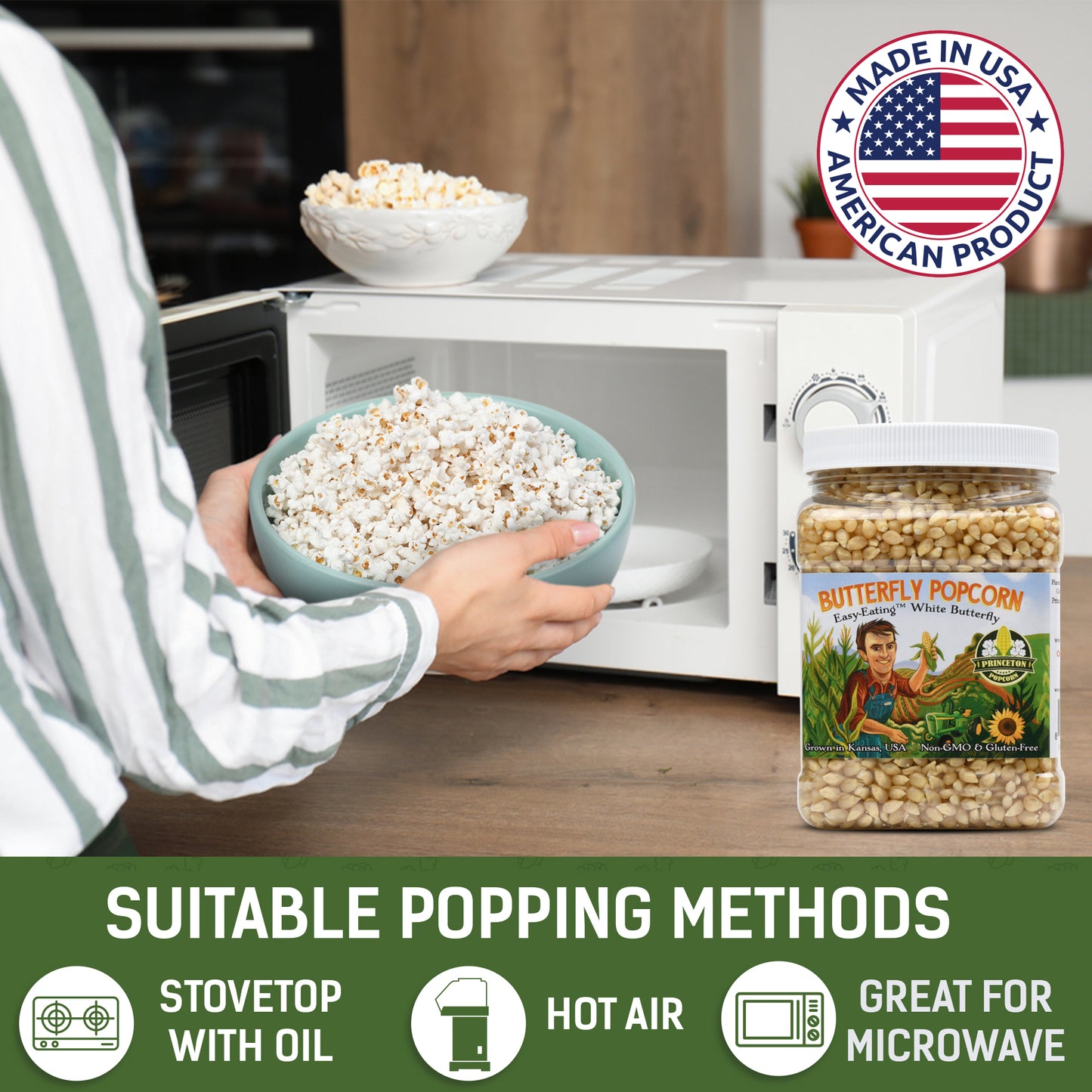 2lb Tub White Butterfly Hulless Popcorn Kernels - Easy-Eating, Baby Small Tender Popping Corn, Non-GMO Popcorn Kernels, No Hulls, No Roundup, Direct from Farmer, Microwave Air Popper or Stovetop Butterfly Shaped Unpopped Popcorn Kernels