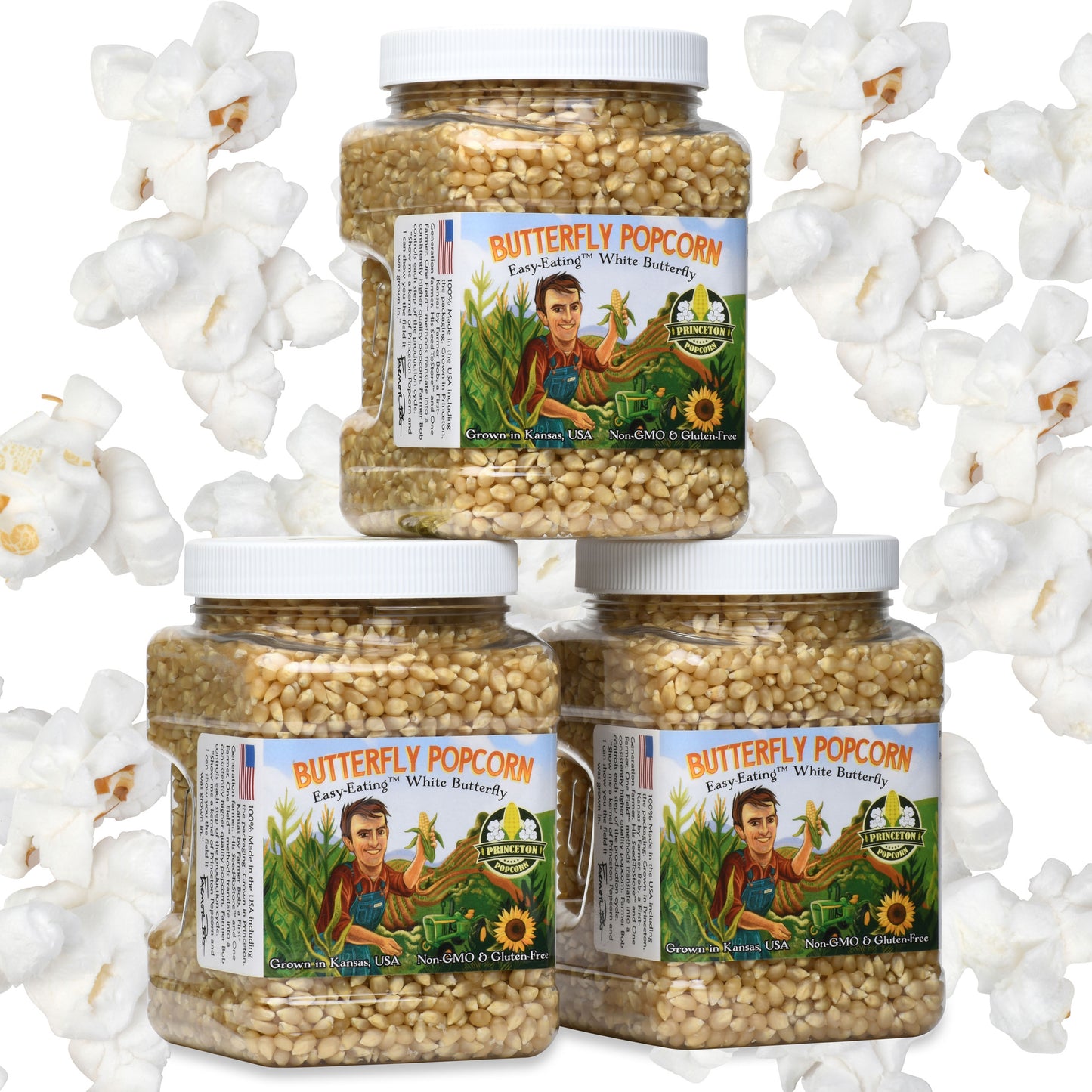Paquete de tres (3) granos de palomitas de maíz sin reventar en forma de mariposa de 2 libras