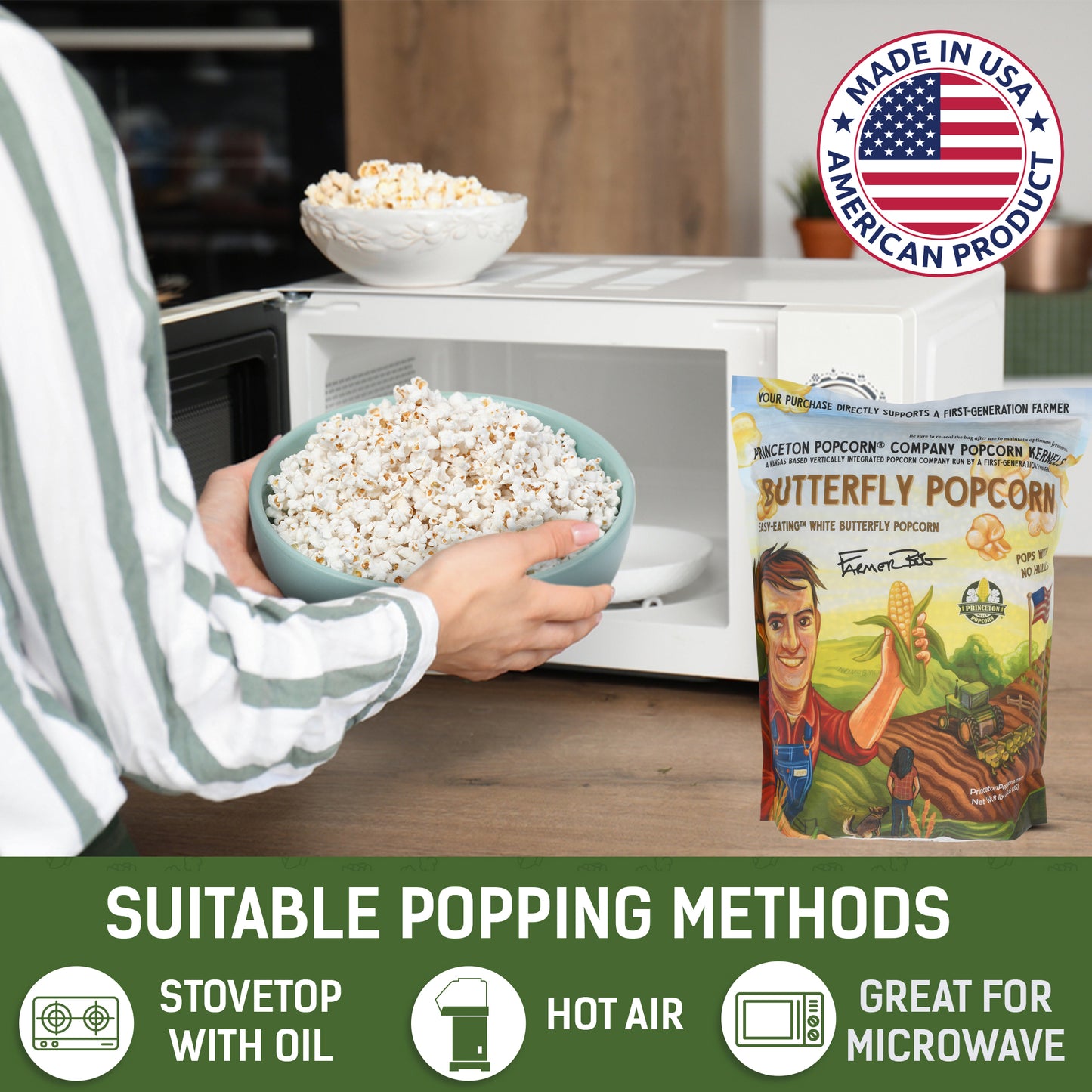 8lb Bag White Butterfly Hulless Popcorn Kernels - Easy-Eating, Baby Small Tender Popping Corn, Non-GMO Popcorn Kernels, No Hulls, No Roundup, Direct from Farmer, Microwave Air Popper or Stovetop Butterfly Shaped Unpopped Popcorn Kernels