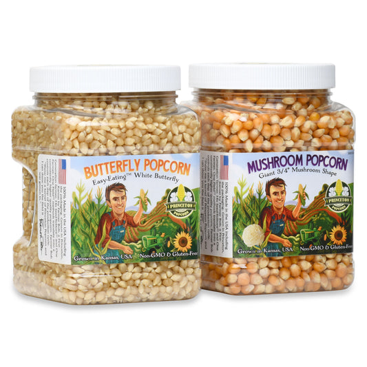 4lbs - Two 2lb Tubs; 1 each White Butterfly Hulless and Yellow Mushroom Popcorn Kernels - Non-GMO Popcorn Kernels, No Roundup, Direct from Farmer, Air Popper or Stovetop Butterfly Shaped Unpopped Popcorn Kernels Combo Duo