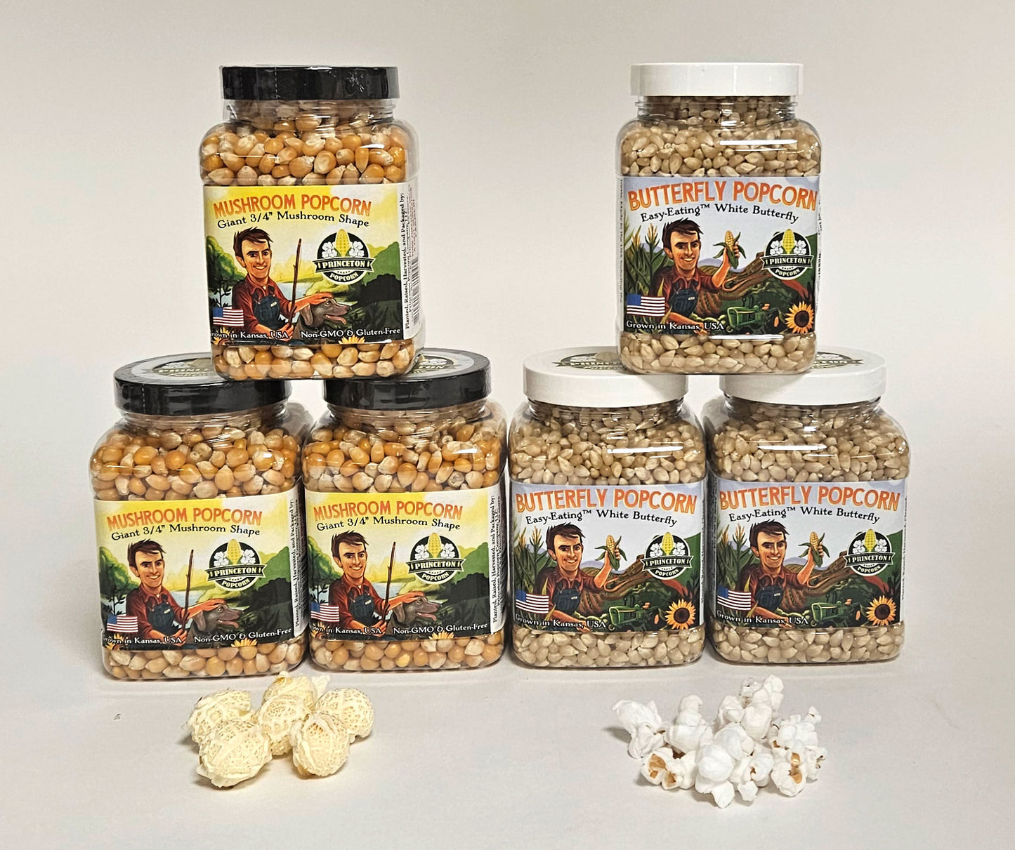 Six Pack of 1lb Mushroom and Butterfly Shaped Unpopped Popcorn Kernels Half Mushroom, Half Butterfly