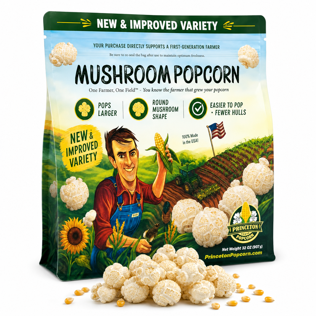Mushroom popcorn bag with unpopped kernels