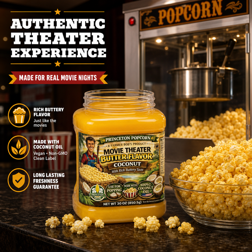 Movie Theater Butter coconut oil next to a theater popcorn machine