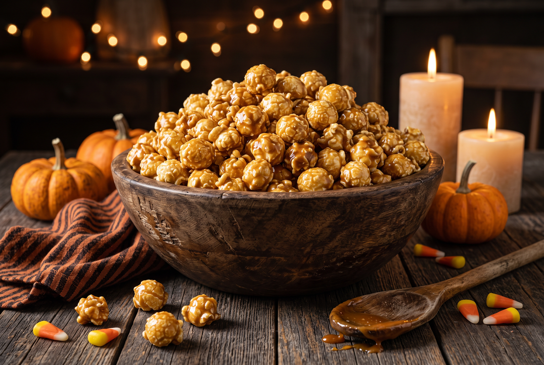 Bowl of homemade caramel corn made with mushroom popcorn on a Halloween table