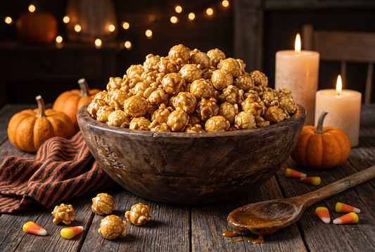 Bowl of homemade caramel corn made with mushroom popcorn on a Halloween table