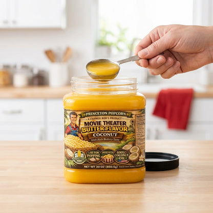 Real Theater Coconut Popcorn Oil - 30 oz Butter Flavored Coconut Oil for Whirley Pop Popcorn Maker, Popcorn Oil Butter Flavor Stovetop Popcorn, Popcorn Oil for Popcorn Machine Farmer Bob's Princeton Popcorn