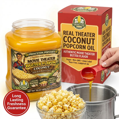 Real Theater Coconut Popcorn Oil - 30 oz Butter Flavored Coconut Oil for Whirley Pop Popcorn Maker, Popcorn Oil Butter Flavor Stovetop Popcorn, Popcorn Oil for Popcorn Machine Farmer Bob's Princeton Popcorn