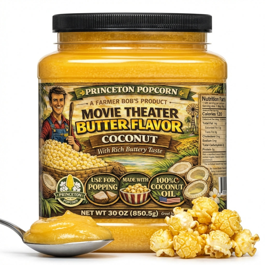 Real Theater Coconut Popcorn Oil - 30 oz Butter Flavored Coconut Oil for Whirley Pop Popcorn Maker, Popcorn Oil Butter Flavor Stovetop Popcorn, Popcorn Oil for Popcorn Machine Farmer Bob's Princeton Popcorn