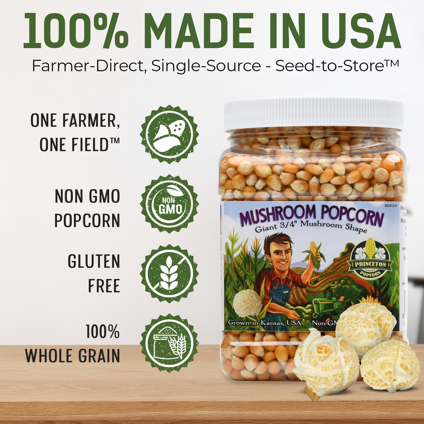 2lb Tub Yellow Mushroom Popcorn Kernels - Easy-Eating, Pops Large Popping Corn, Non-GMO Popcorn Kernels, No Roundup, Direct from Farmer, Air Popper or Stovetop Mushroom Shaped Unpopped Popcorn Kernels Great for Caramel Corn or Kettle Corn