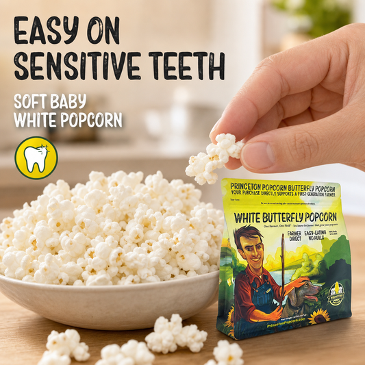 Soft baby white popcorn easy on sensitive teeth, tender hulless kernels