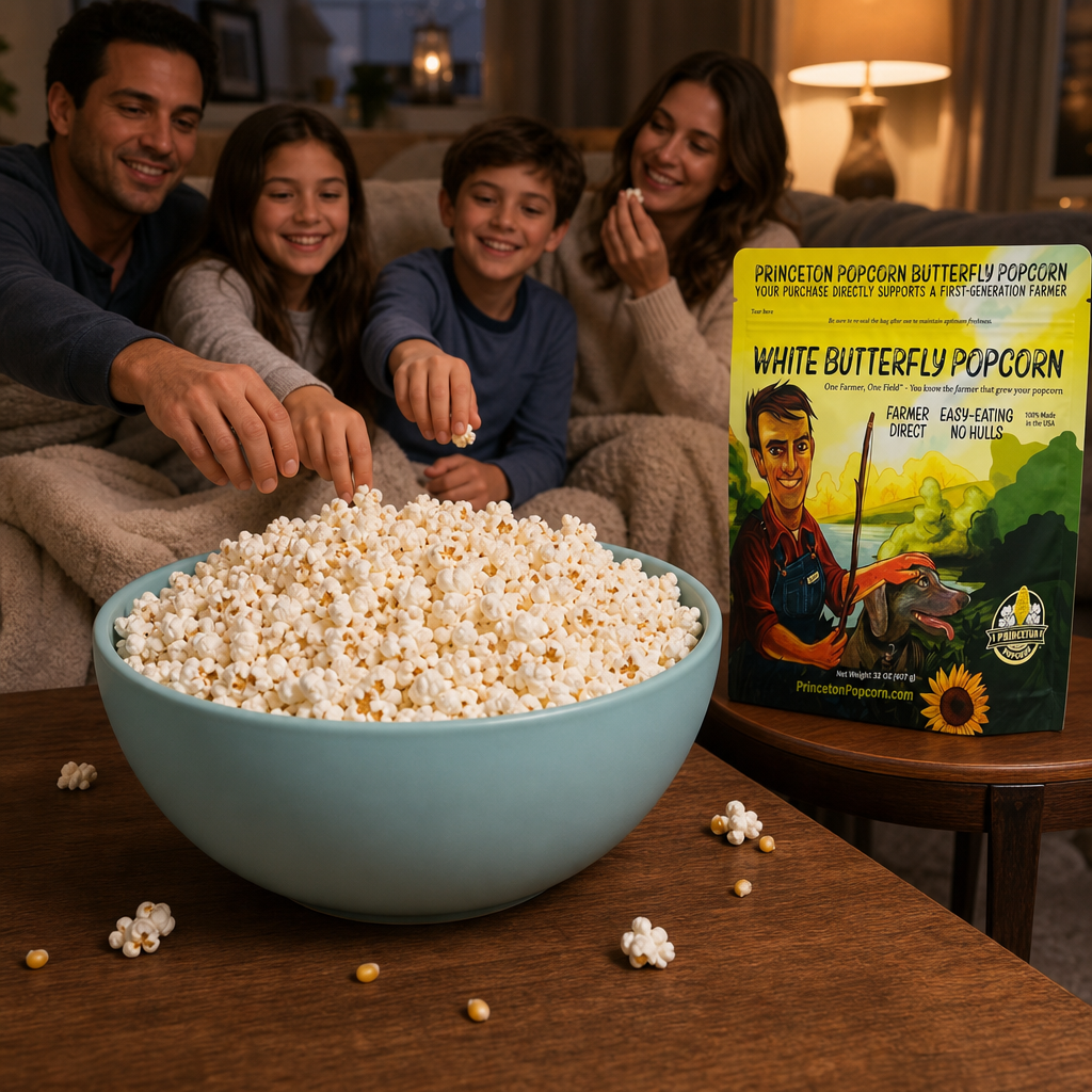 Family enjoying a big bowl of White Butterfly popcorn on movie night