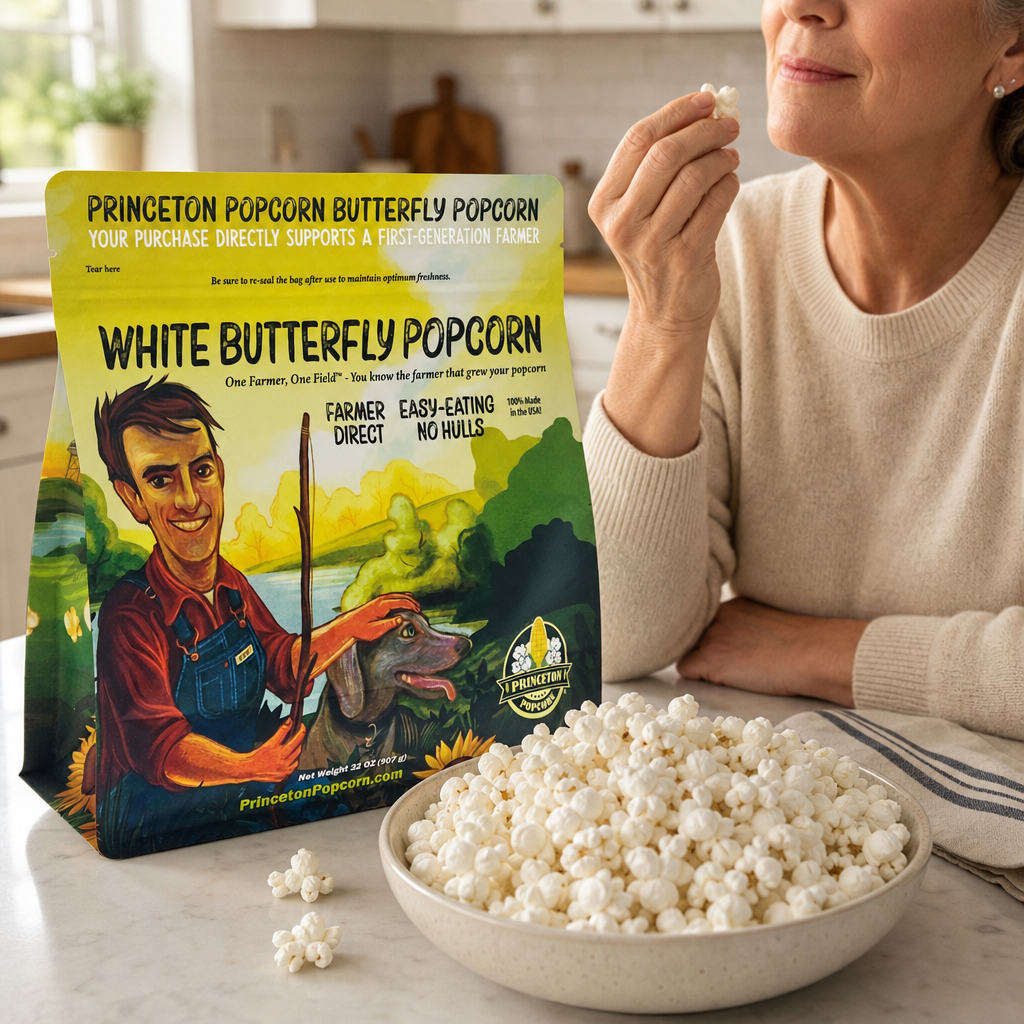 Enjoying light, fluffy White Butterfly popcorn as an easy everyday snack