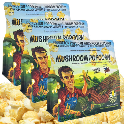 Three 2 lb bags of Princeton Popcorn Mushroom Popcorn stacked as a 6 lb value pack
