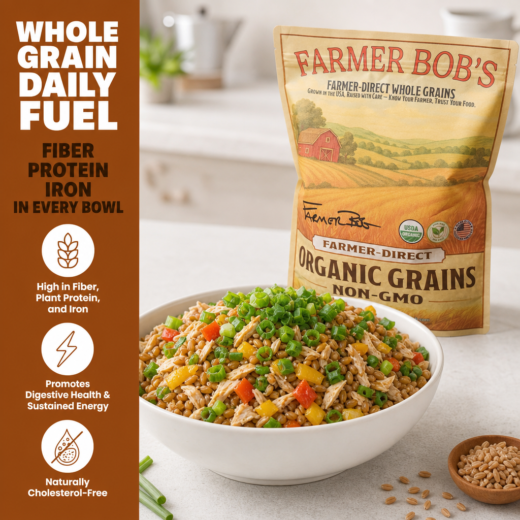 Whole grain wheat berries high in fiber, plant protein, and iron, naturally cholesterol-free