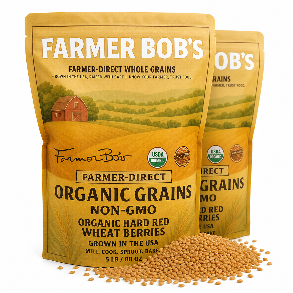 Farmer Bob's organic hard red wheat berries 5 lb / 80 oz, front and back of resealable bag