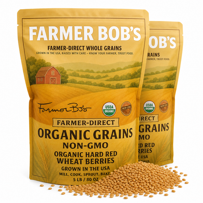 Farmer Bob's organic hard red wheat berries 5 lb / 80 oz, front and back of resealable bag