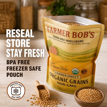 Resealable BPA-free, freezer-safe pouch keeps organic wheat berries fresh in storage