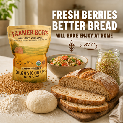 Mill organic wheat berries into fresh flour to bake homemade whole grain bread