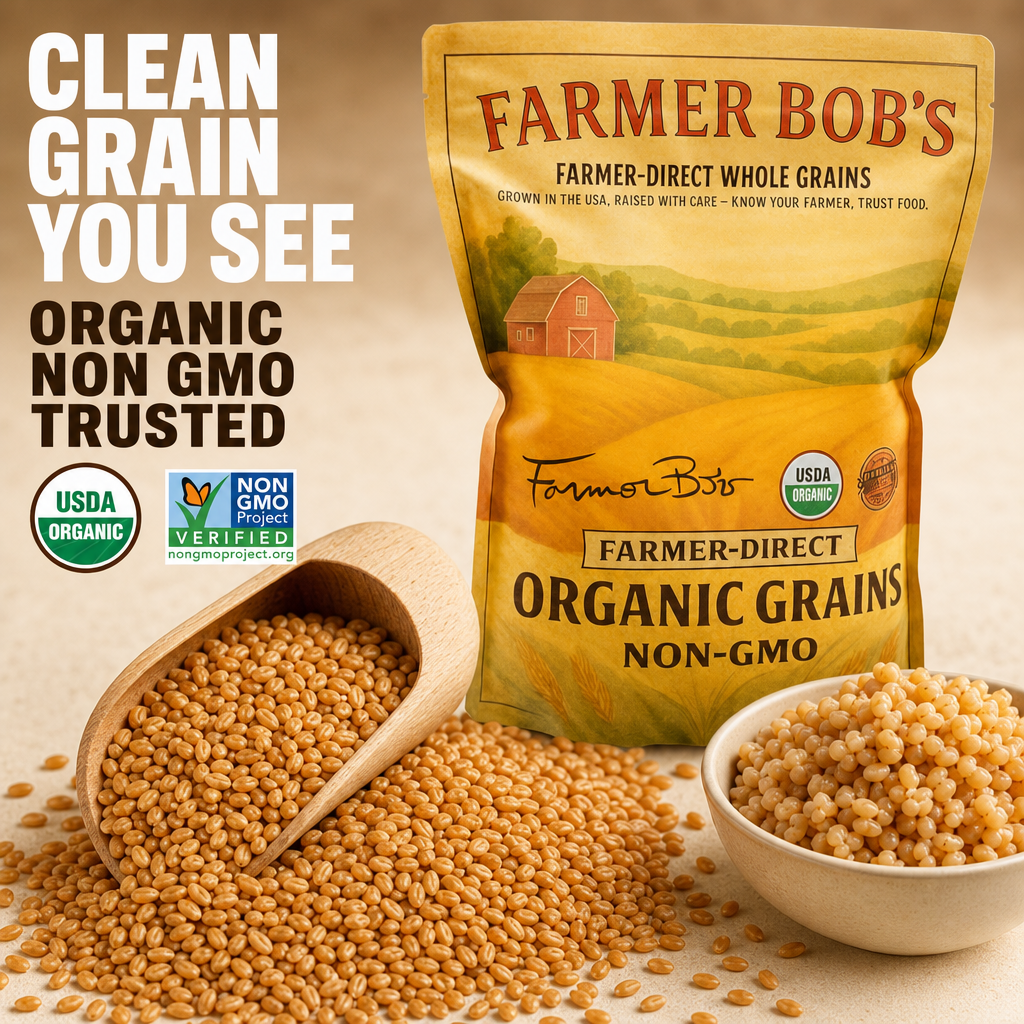 Clean organic non-GMO hard red wheat berries, USDA Organic verified whole grain
