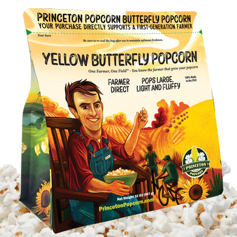 Princeton Popcorn Yellow Butterfly Popcorn 2 lb bag with Farmer Bob harvest artwork