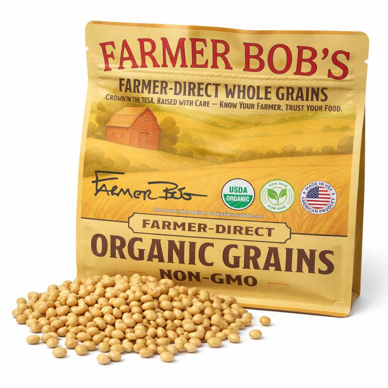 Front of the Farmer Bob's organic soybean bag with USDA organic and US flag seals