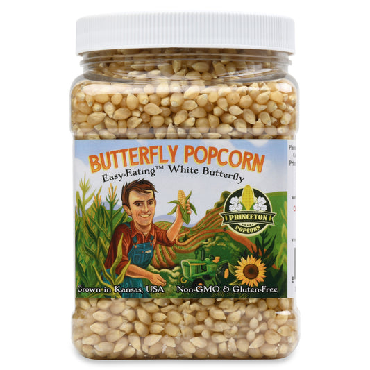 2lb Tub White Butterfly Hulless Popcorn Kernels - Easy-Eating, Baby Small Tender Popping Corn, Non-GMO Popcorn Kernels, No Hulls, No Roundup, Direct from Farmer, Microwave Air Popper or Stovetop Butterfly Shaped Unpopped Popcorn Kernels