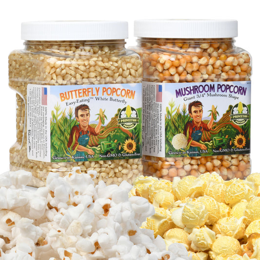 4lbs - Two 2lb Tubs; 1 each White Butterfly Hulless and Yellow Mushroom Popcorn Kernels - Non-GMO Popcorn Kernels, No Roundup, Direct from Farmer, Air Popper or Stovetop Butterfly Shaped Unpopped Popcorn Kernels Combo Duo