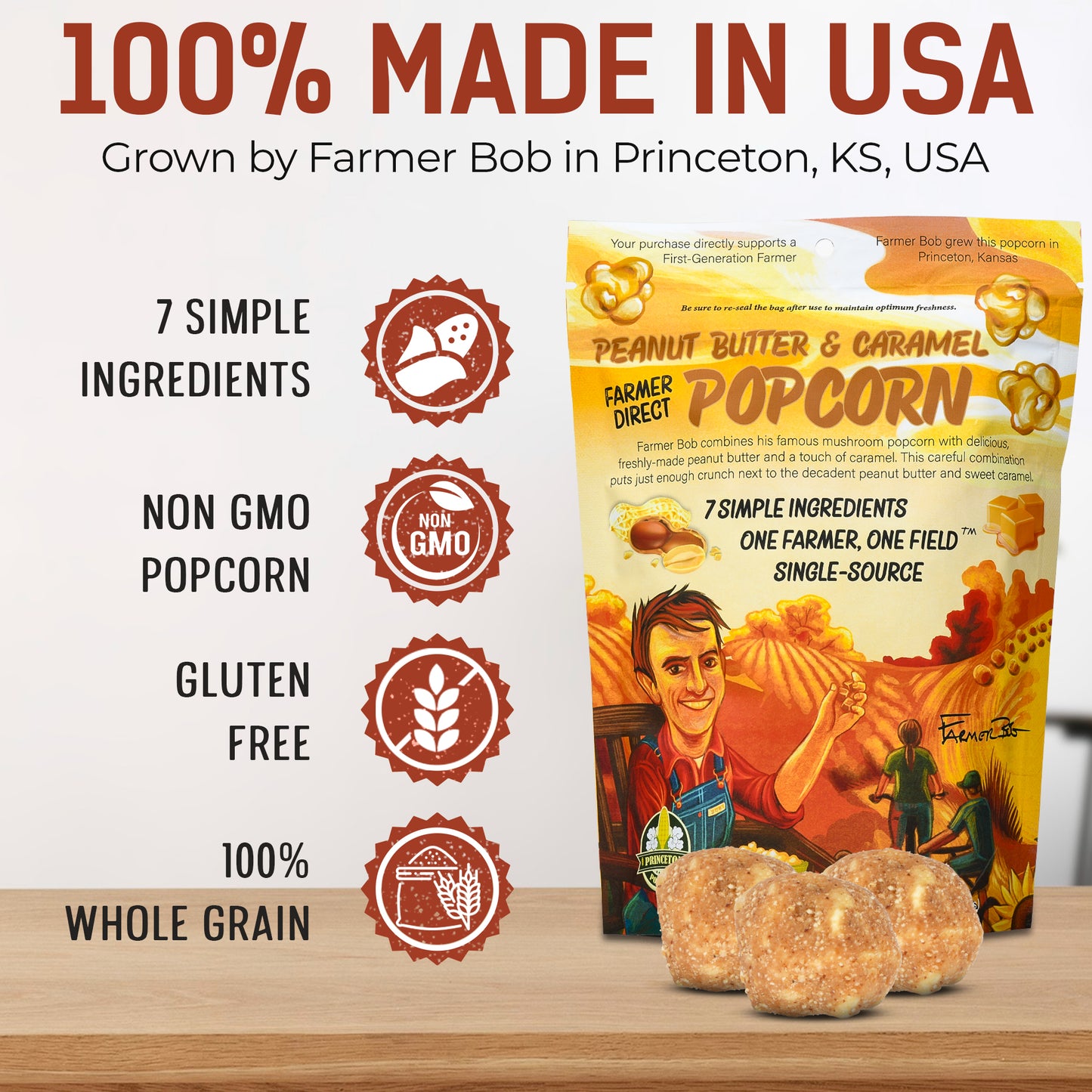 Gourmet Popcorn Bags, Peanut Butter Caramel Corn, Vegan, Gluten Free, Non-GMO, 7 Ingredient, Healthy Resealable Snack, 6oz Bag, Perfect Snacks for Adults, Peanut Butter Pretzels Flavor Farmer Direct - PuffyCrunch by Princeton Popcorn