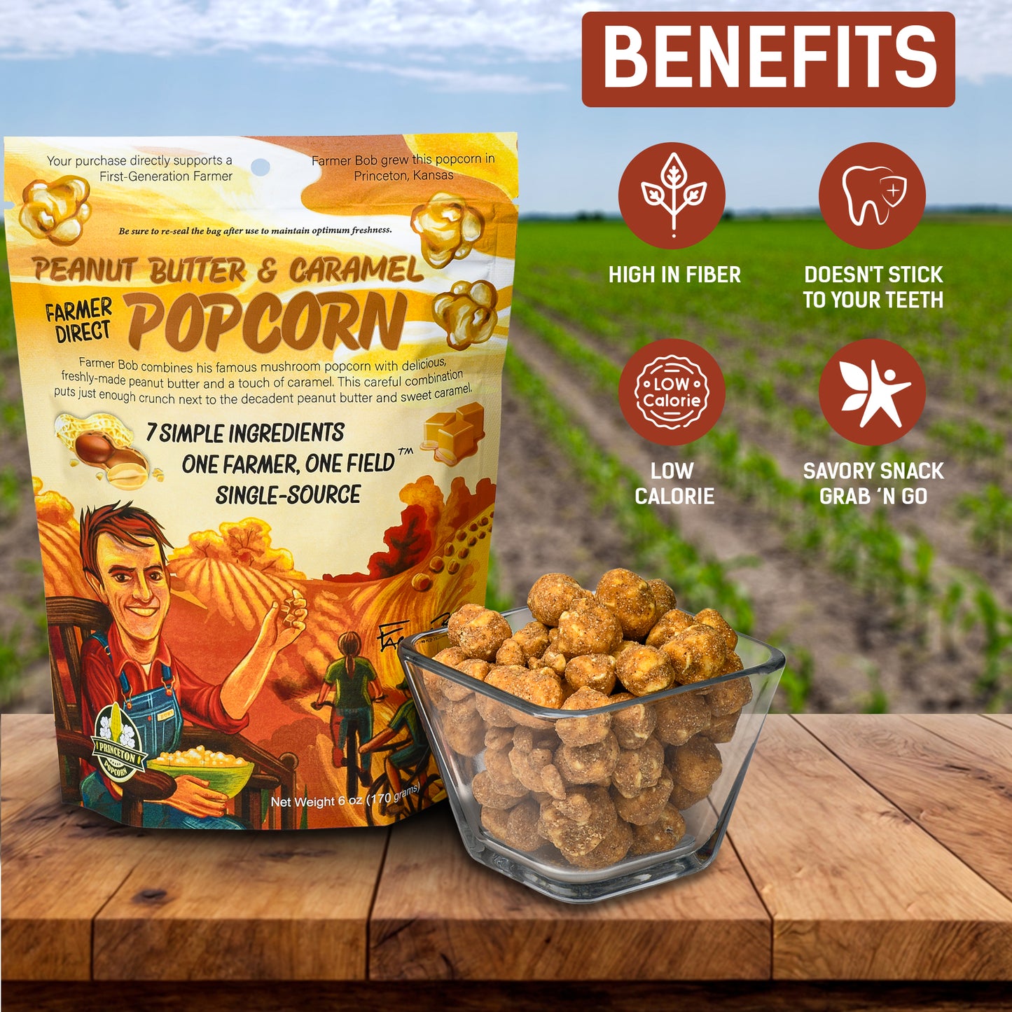 Gourmet Popcorn Bags, Peanut Butter Caramel Corn, Vegan, Gluten Free, Non-GMO, 7 Ingredient, Healthy Resealable Snack, 6oz Bag, Perfect Snacks for Adults, Peanut Butter Pretzels Flavor Farmer Direct - PuffyCrunch by Princeton Popcorn