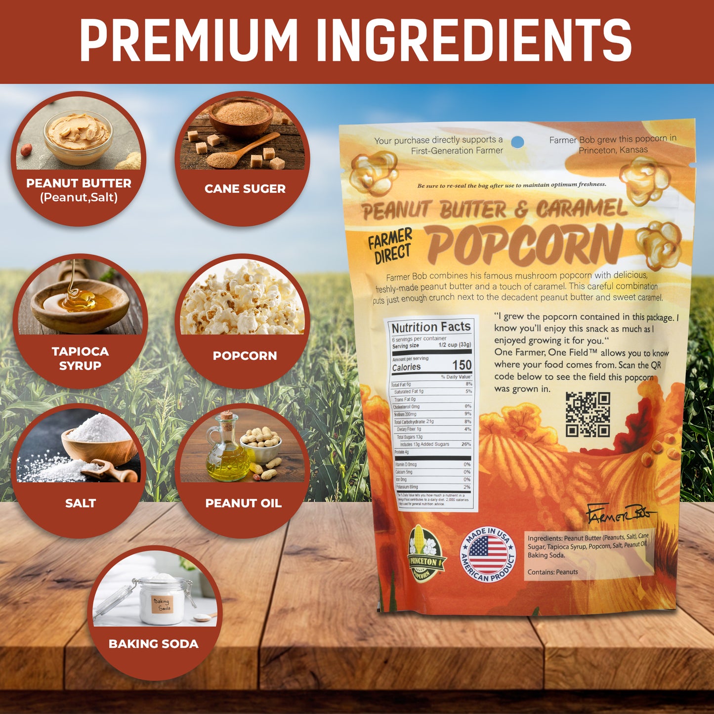 Gourmet Popcorn Bags, Peanut Butter Caramel Corn, Vegan, Gluten Free, Non-GMO, 7 Ingredient, Healthy Resealable Snack, 6oz Bag, Perfect Snacks for Adults, Peanut Butter Pretzels Flavor Farmer Direct - PuffyCrunch by Princeton Popcorn