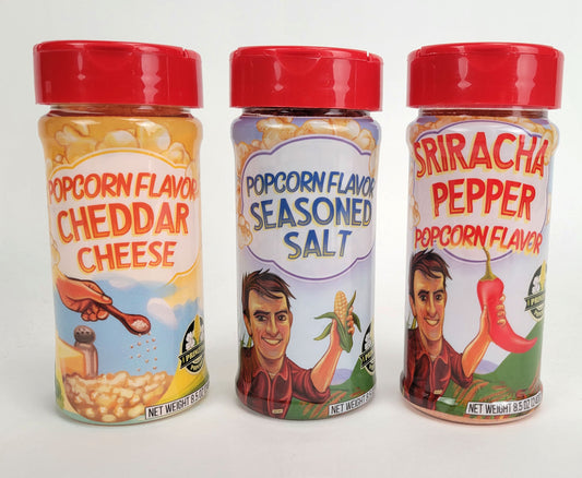 Popcorn Flavor Trio 8.5 oz - 3 Pack Farmhouse Salt, Cheddar Cheese & Sriracha