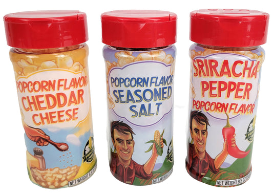 Popcorn Flavor Trio 3.5 oz - 3 Pack Farmhouse Salt, Cheddar Cheese & Sriracha