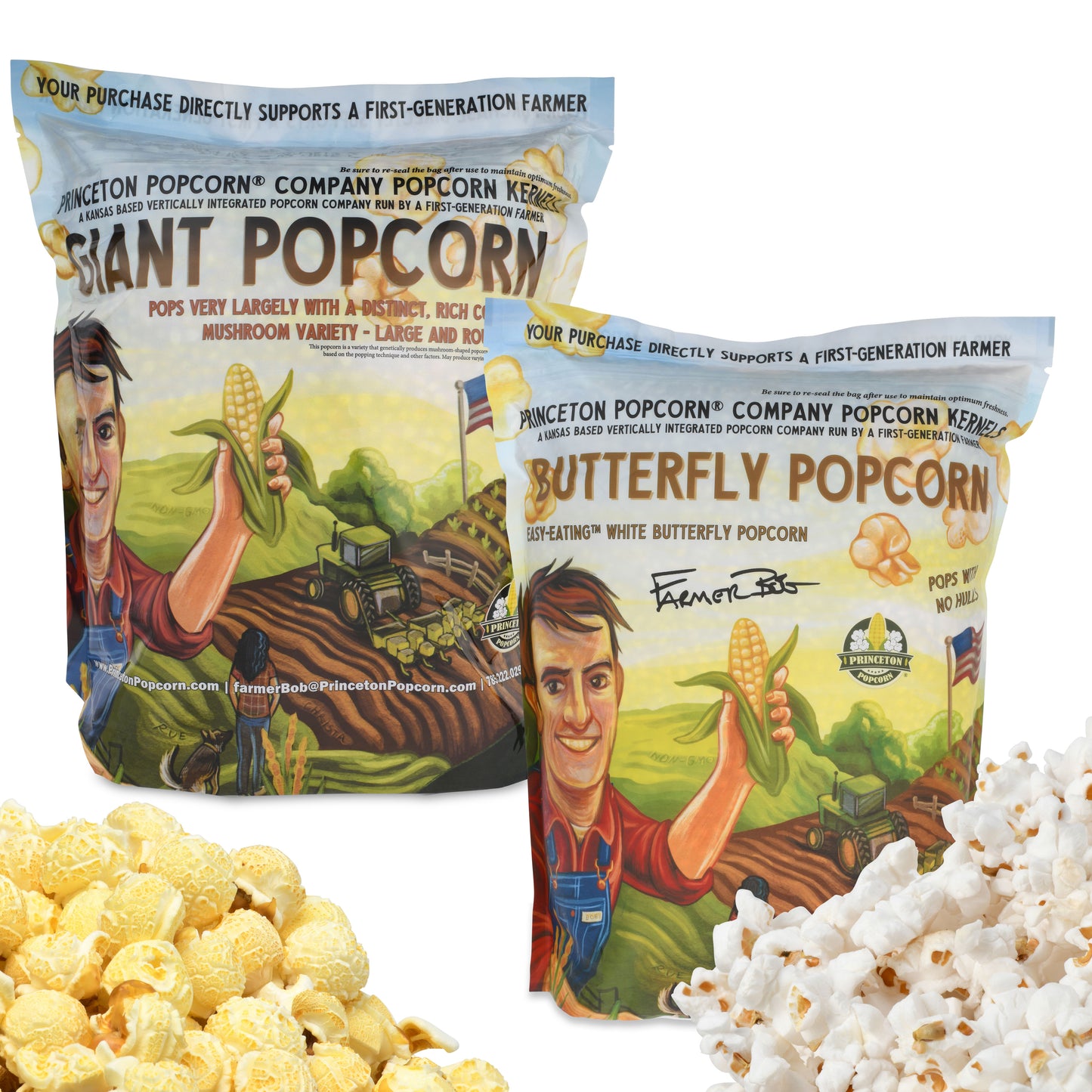 16lbs - Two 8lb Bags; 1 each White Butterfly Hulless and Yellow Mushroom Popcorn Kernels - Non-GMO Popcorn Kernels, No Roundup, Direct from Farmer, Air Popper or Stovetop Butterfly Shaped Unpopped Popcorn Kernels Combo Duo