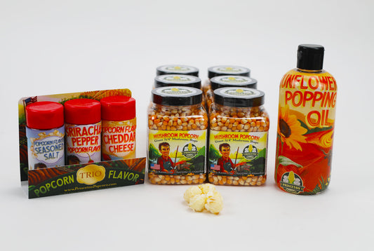 Paquete combinado de popping D: paquete de seis palomitas de maíz con champiñones, aceite y sabores de 1 libra