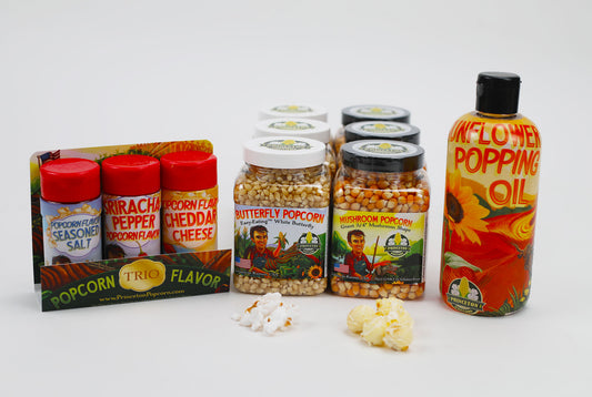 Popping Combo Bundle F - Six-Pack 1lb Mushroom & Butterfly Popcorn, Oil and Flavors