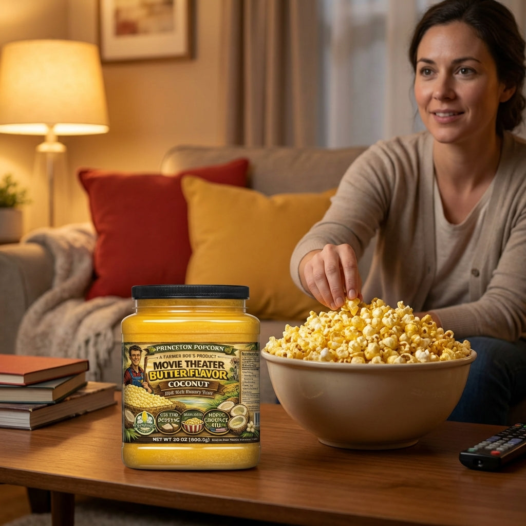 Real Theater Coconut Popcorn Oil - 30 oz Butter Flavored Coconut Oil for Whirley Pop Popcorn Maker, Popcorn Oil Butter Flavor Stovetop Popcorn, Popcorn Oil for Popcorn Machine Farmer Bob's Princeton Popcorn