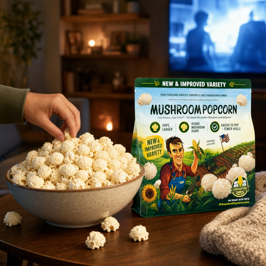 Bowl of popped mushroom popcorn beside the bag on a cozy movie-night table