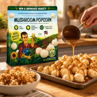 Caramel corn made with Princeton Popcorn mushroom popcorn kernels