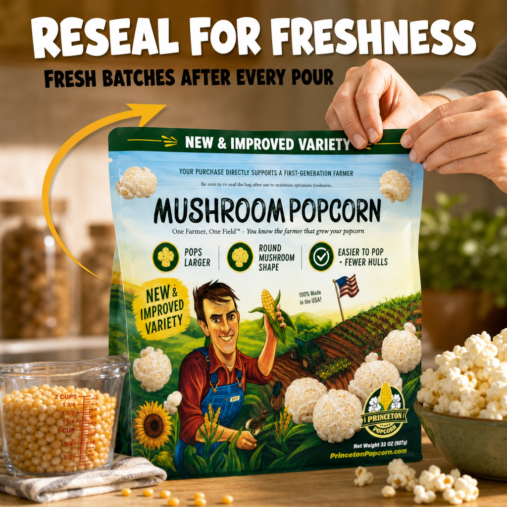 Resealable bag keeps mushroom popcorn kernels fresh after every pour