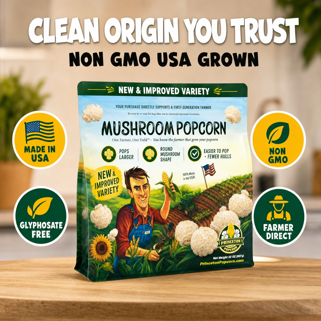 Non-GMO, glyphosate-free, USA-grown mushroom popcorn - clean origin you trust