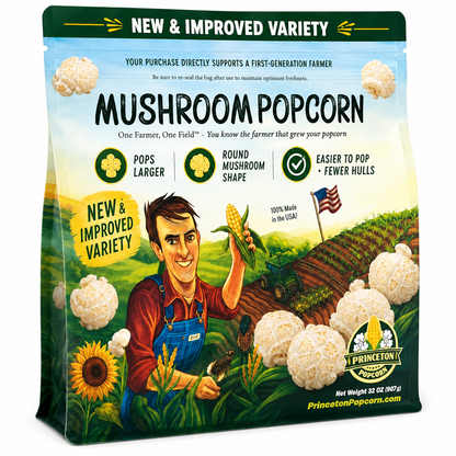 Front of Farmer Bob's Mushroom Popcorn 32 oz resealable bag