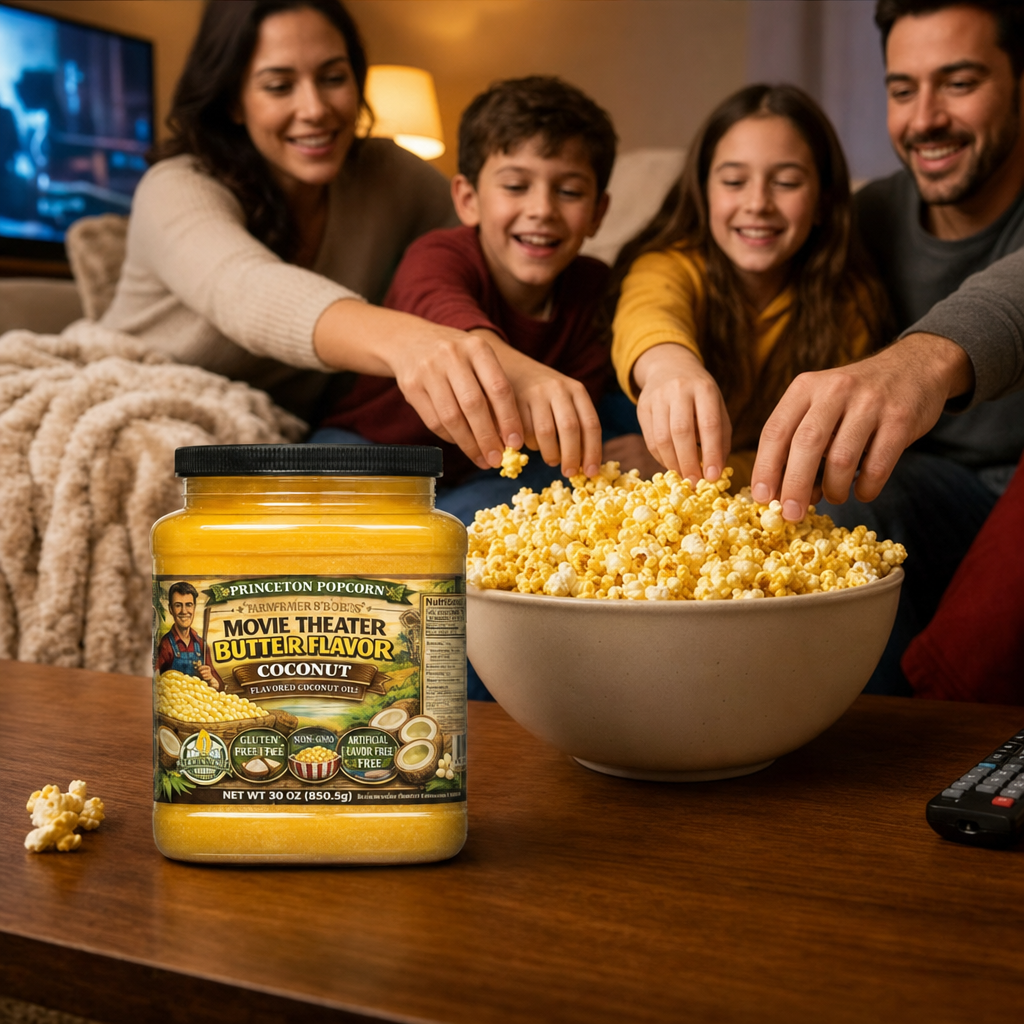 Real Theater Coconut Popcorn Oil - 30 oz Butter Flavored Coconut Oil for Whirley Pop Popcorn Maker, Popcorn Oil Butter Flavor Stovetop Popcorn, Popcorn Oil for Popcorn Machine Farmer Bob's Princeton Popcorn