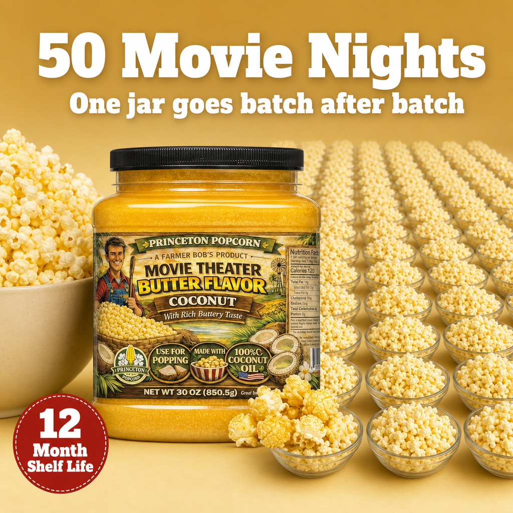 Real Theater Coconut Popcorn Oil - 30 oz Butter Flavored Coconut Oil for Whirley Pop Popcorn Maker, Popcorn Oil Butter Flavor Stovetop Popcorn, Popcorn Oil for Popcorn Machine Farmer Bob's Princeton Popcorn
