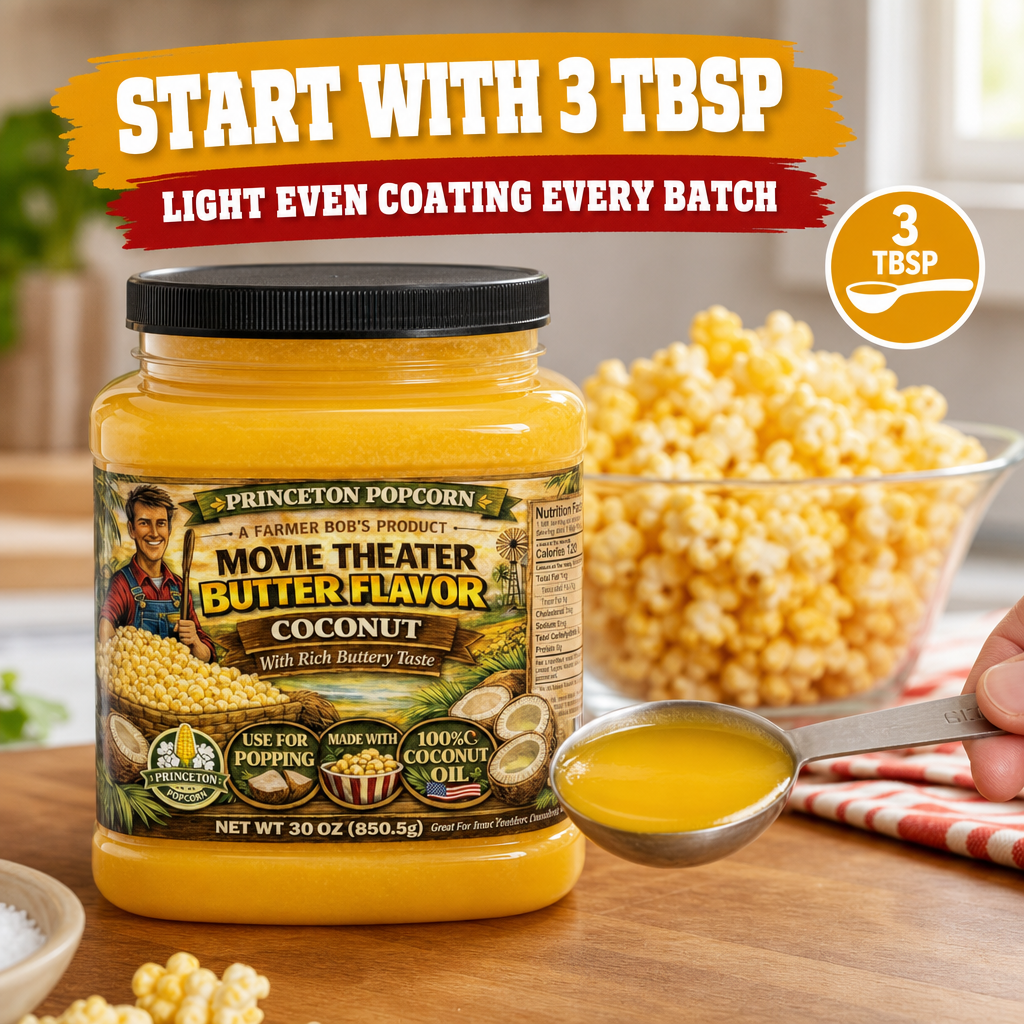 Real Theater Coconut Popcorn Oil - 30 oz Butter Flavored Coconut Oil for Whirley Pop Popcorn Maker, Popcorn Oil Butter Flavor Stovetop Popcorn, Popcorn Oil for Popcorn Machine Farmer Bob's Princeton Popcorn